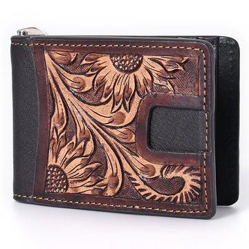 BAR H EQUINE Genuine Leather Rodeo Bifold Money Clip Wallet For Men Women Brown With Floral Hand Carved Tooled